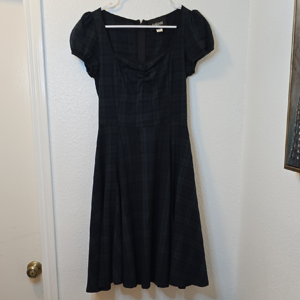 Collectif Green And Blue Plaid Square Neck Puff Sleeve Midi Dress